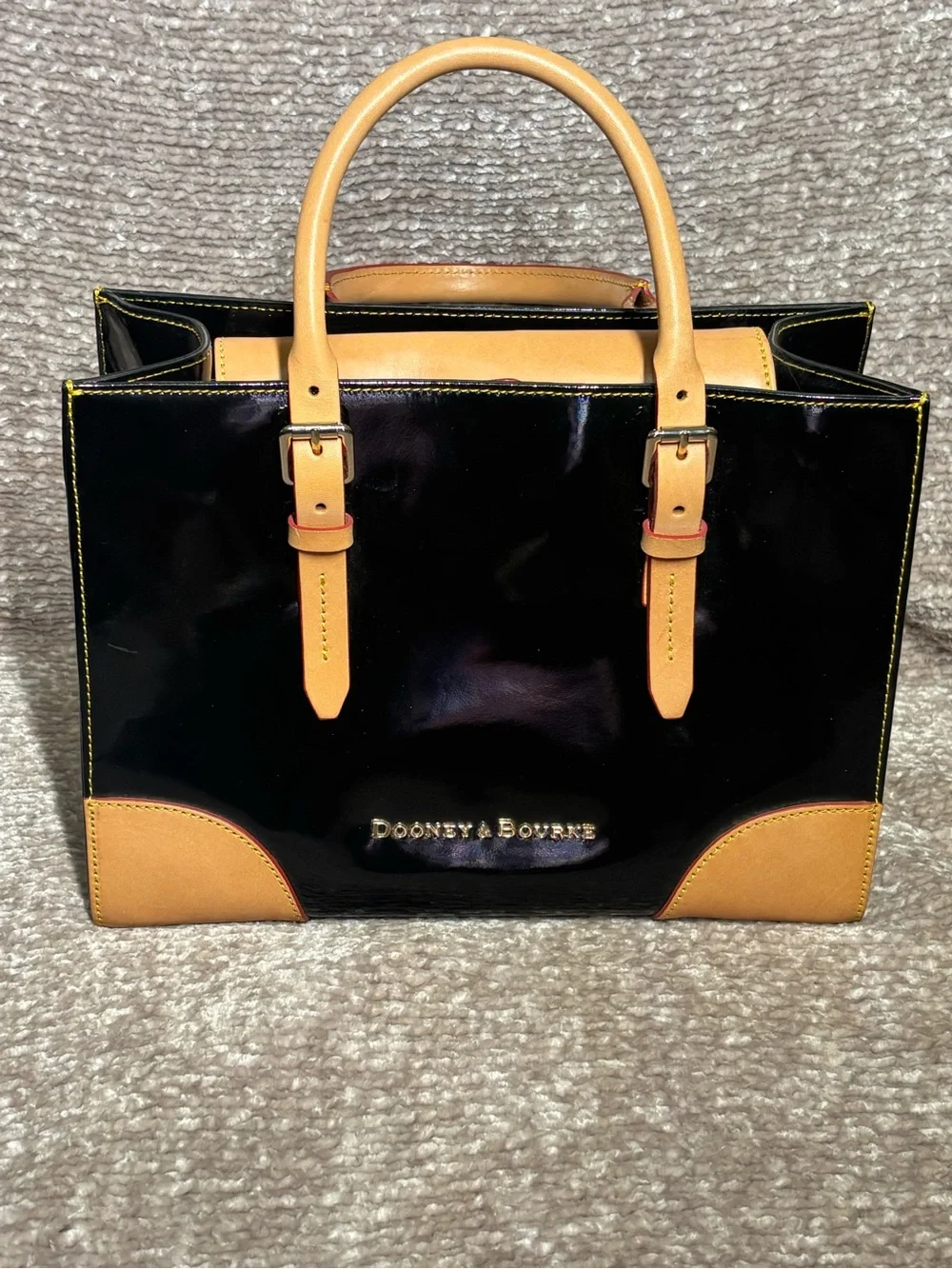 Dooney & Bourke Black Patent with Tan Leather Trim Satchel